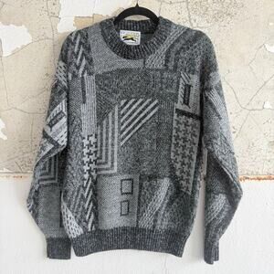 Vtg Grandpa Sweater Geometric Knit Black Gray 90s Le Tigre USA Made Retro Mens L